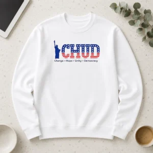 Happy Nice Statue Of Liberty CHUD Change Hope Unity Democracy American Patriot Long Sleeve Shirt in navy blue with bold graphic print