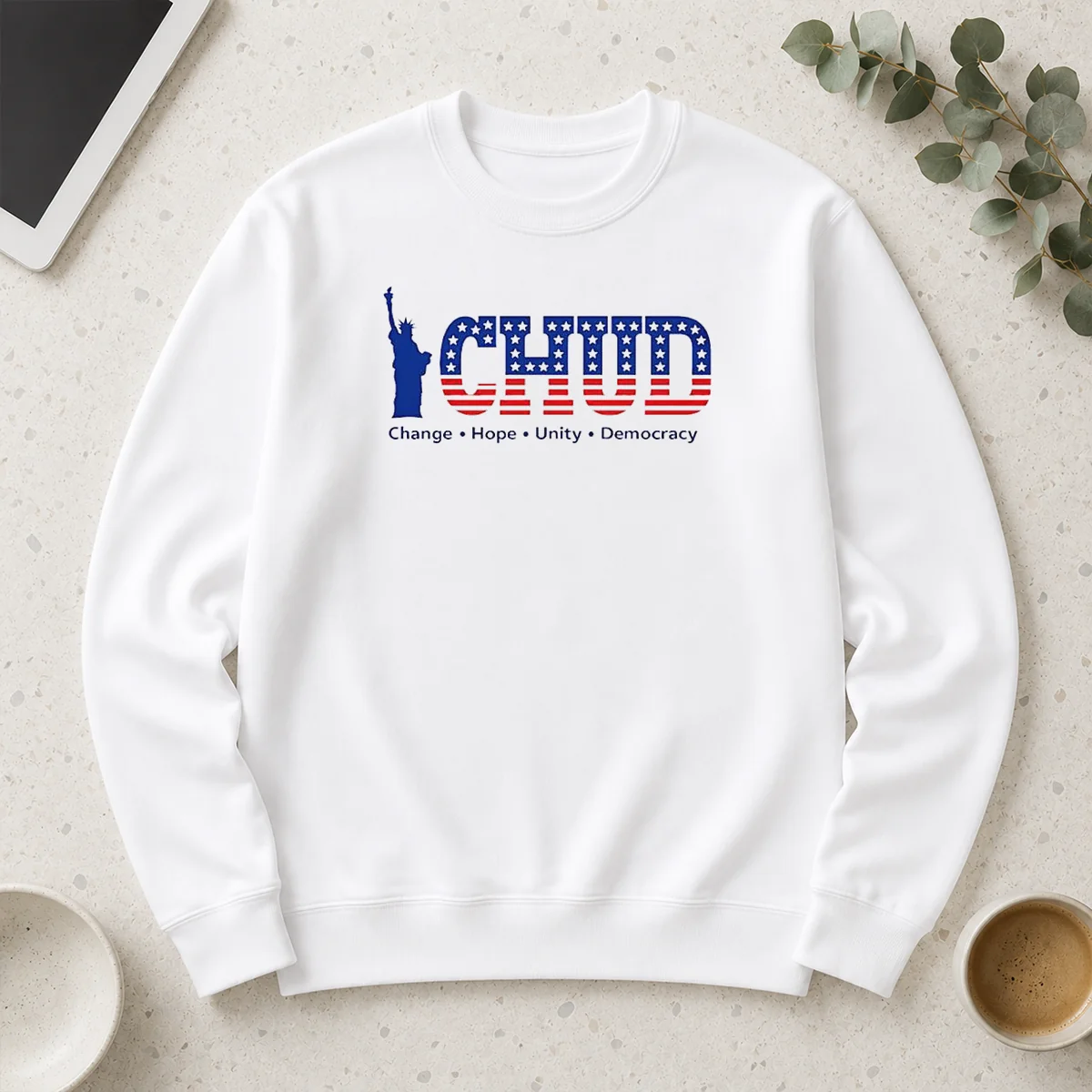 Happy Nice Statue Of Liberty CHUD Change Hope Unity Democracy American Patriot Long Sleeve Shirt in navy blue with bold graphic print