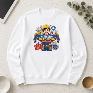 Happy Pretty Labour Day Celebration Anime For Proud Workers long sleeve shirt in white with colorful anime design