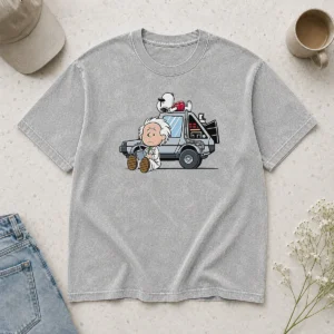 Happy Top Doc Brown Snoopy Back To The Future Mashup Delorean Time Machine Cartoon printed on a soft washed t shirt
