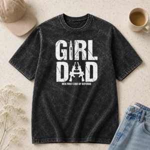 Hot Nice Girl Dad Her First Line Of Defense Distressed Washed T-Shirt