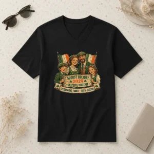 Nice August Holiday Ireland Family Celebration Retro Distressed V Neck Shirt in soft fabric with vintage style print