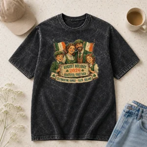 Nice August Holiday Ireland Family Celebration Retro Distressed Washed T Shirt showing faded vintage print on soft washed fabric