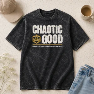 Nice Awesome Chaotic Good Good Intentions Questionable Methods printed on a soft washed t shirt in light gray