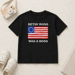 Nice Betsy Ross Was A Boss Revolutionary War Flag Kids T Shirt in blue, featuring a patriotic graphic on a short sleeve tee