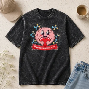 Nice Dopamine Addicted To You Cute Brain Vector printed on a soft washed t shirt in light gray