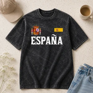 Nice Funny Espana Spain National Heritage Coat Of Arms Washed T Shirt in light faded color showing front print detail