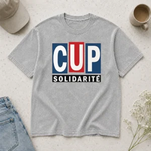 Nice Happy CUP Solidarity Red White Blue Logo on a washed t shirt in red, white, and blue colors