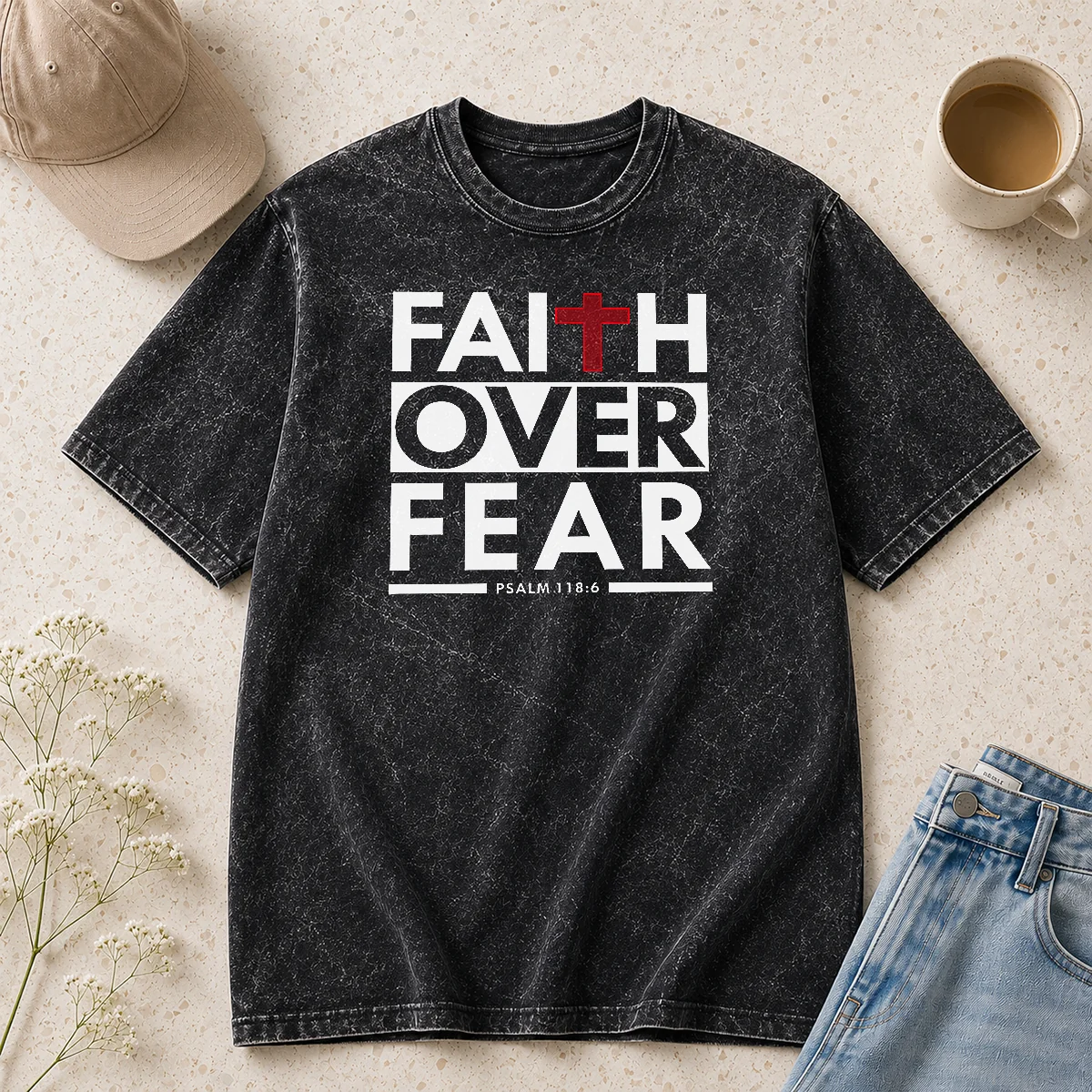 Nice Official Faith Over Fear Washed T Shirt in soft cotton with vintage washed finish and bold typography