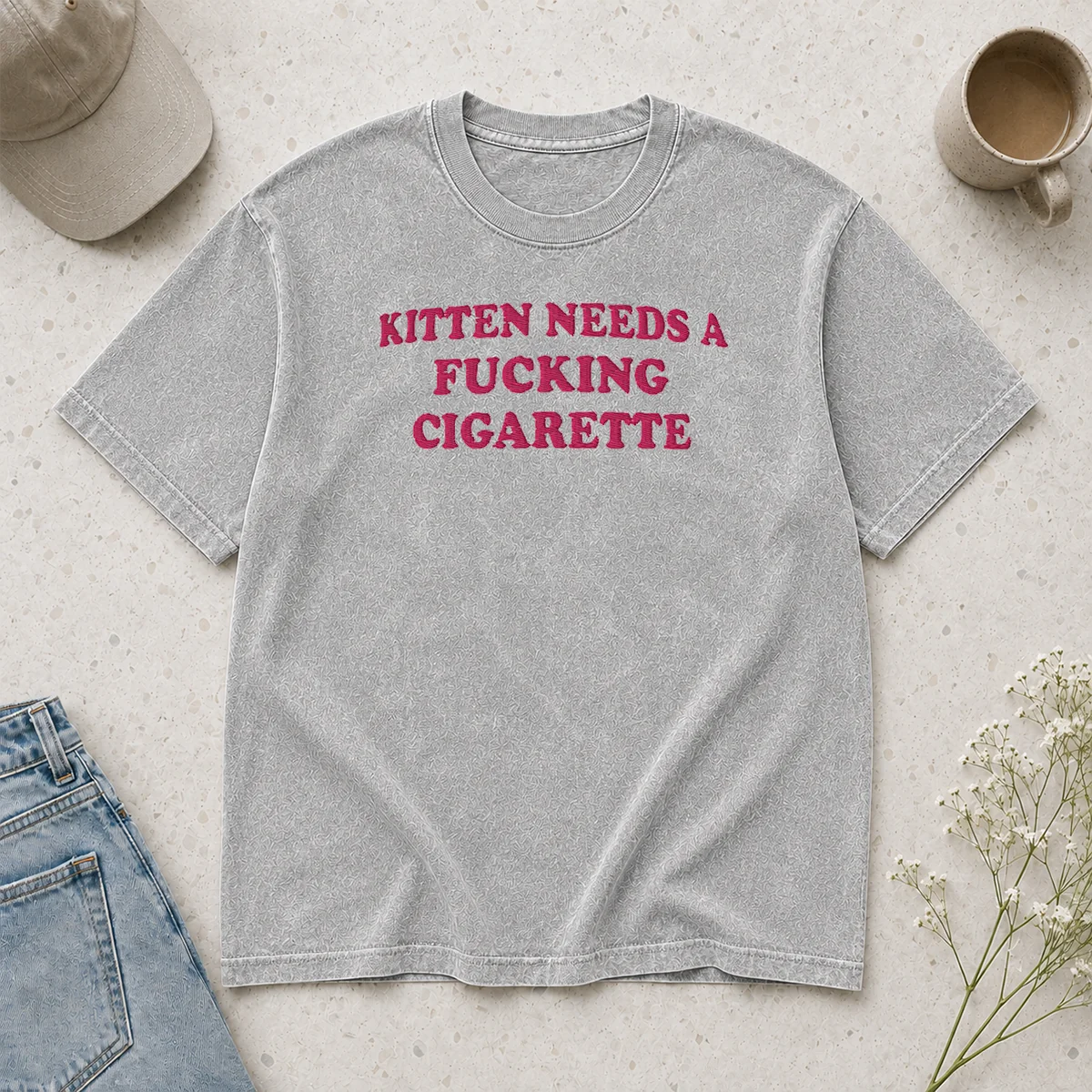 Official Funny Embroidered Novelty Apparel Kitten Needs A Fucking Cigarette washed t shirt in soft faded fabric