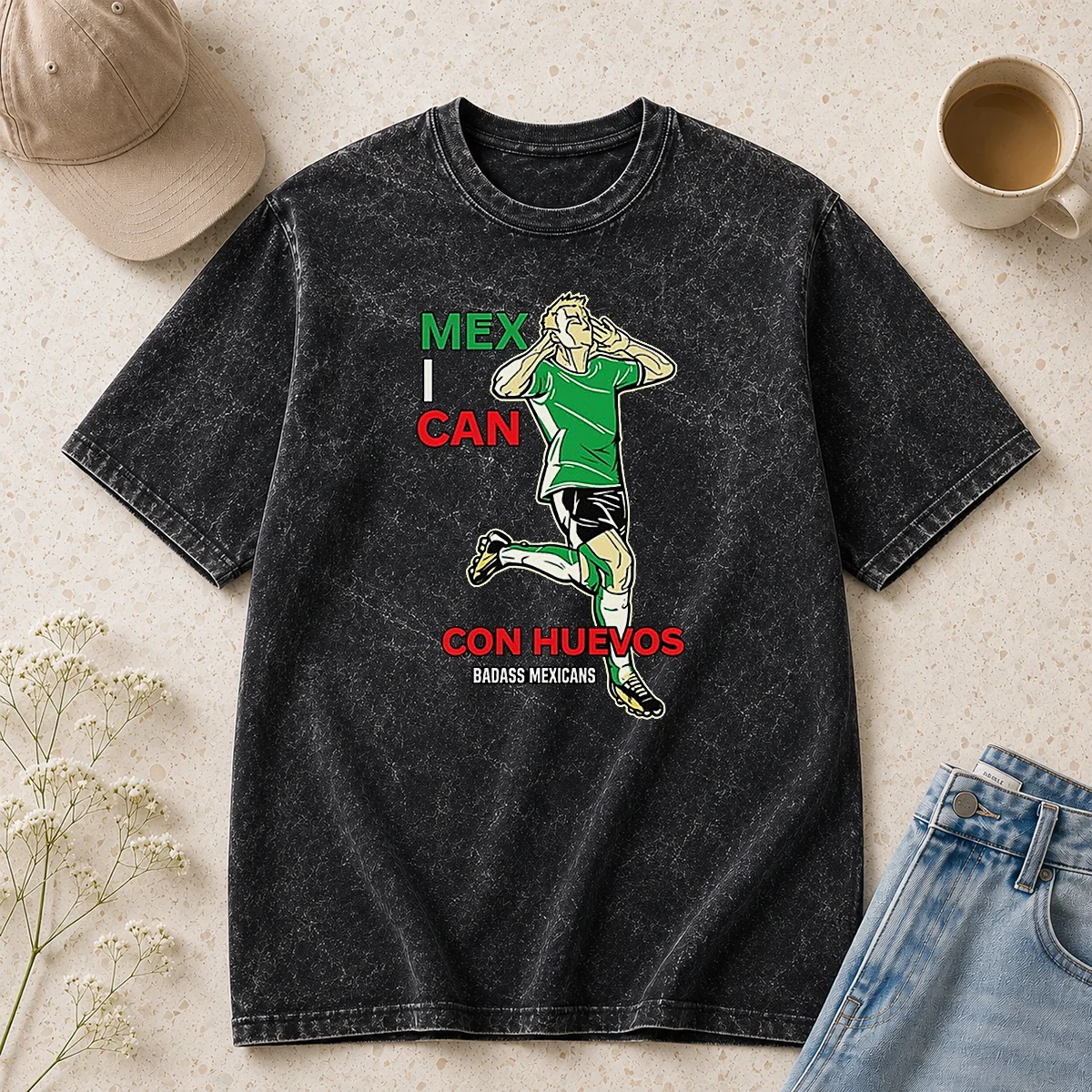 Official Mexican Con Huevos Badass Mexicans Mexico Soccer Washed T Shirt in faded green color with bold graphic print