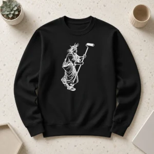 Official Statue Of Liberty Painting With A Paint Roller Icon Meme Sweater in charcoal gray, front view with crew neck and long sleeves
