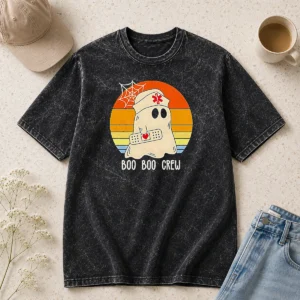 Original Boo Boo Crew Retro Ghost Nurse Halloween Washed T-Shirt