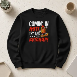 Original Comin' In Hot! Try And Ketchup Funny Hot Dog Sweater