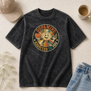 Original Dopamine Addicted To You Vintage Badge printed on a soft washed t shirt in light faded color