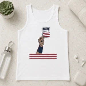 Perfect USA Article 27 Card Tank Top in white with bold blue and red graphic print
