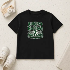Premium August Holiday Ireland Family Celebration Silhouette Kids T Shirt in white cotton, front view