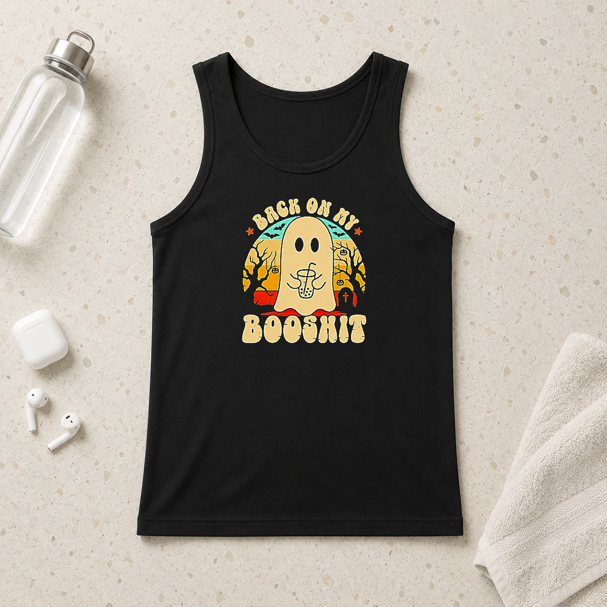 Premium Back On My Booshit Retro Ghost Drinking Boba Tea Tank Top
