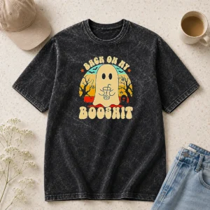 Premium Back On My Booshit Retro Ghost Drinking Boba Tea Washed T-Shirt