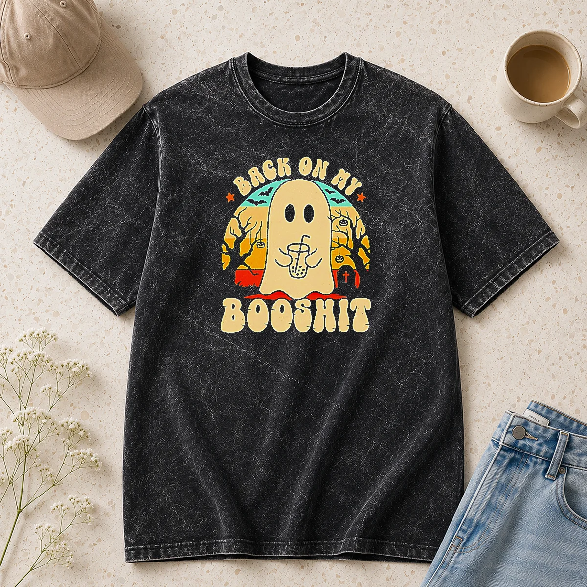 Premium Back On My Booshit Retro Ghost Drinking Boba Tea Washed T-Shirt