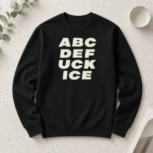 Premium Ethan Nestor A B C D E Fuck ICE long sleeve shirt with bold graphic print in black