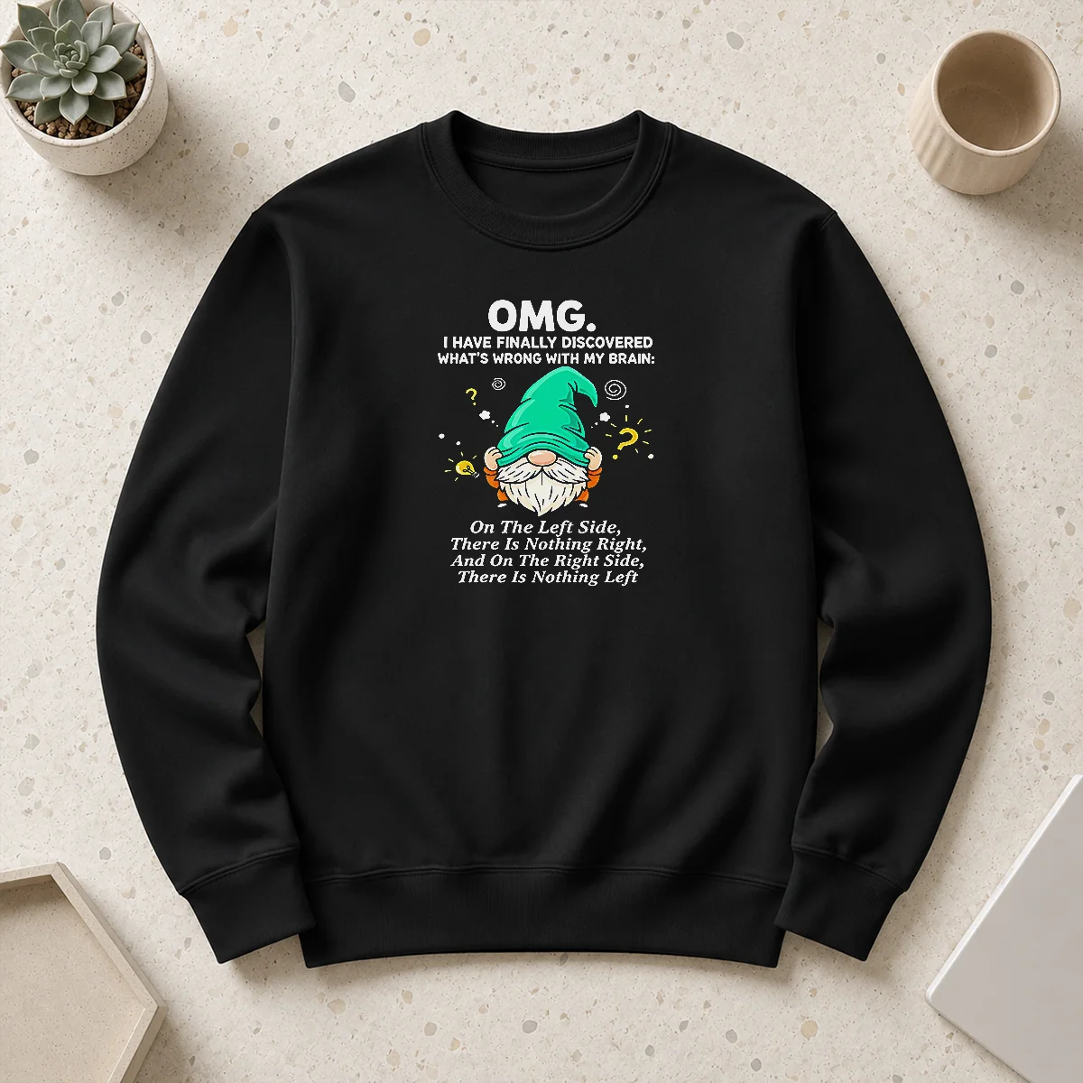 Premium Gnome Brain Discovery Cartoon Sweater featuring a colorful gnome brain graphic on a cozy pullover