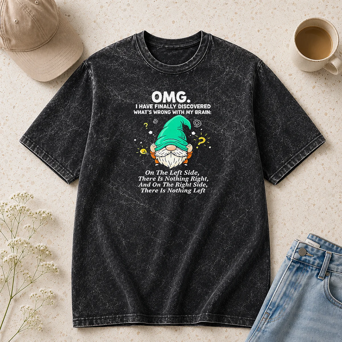 Premium Gnome Brain Discovery Cartoon design on a soft washed t shirt in light gray