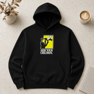 Pretty Black Cat With Gun Satire Arm Your Children Hoodie in black, front view showing graphic print and drawstring hood