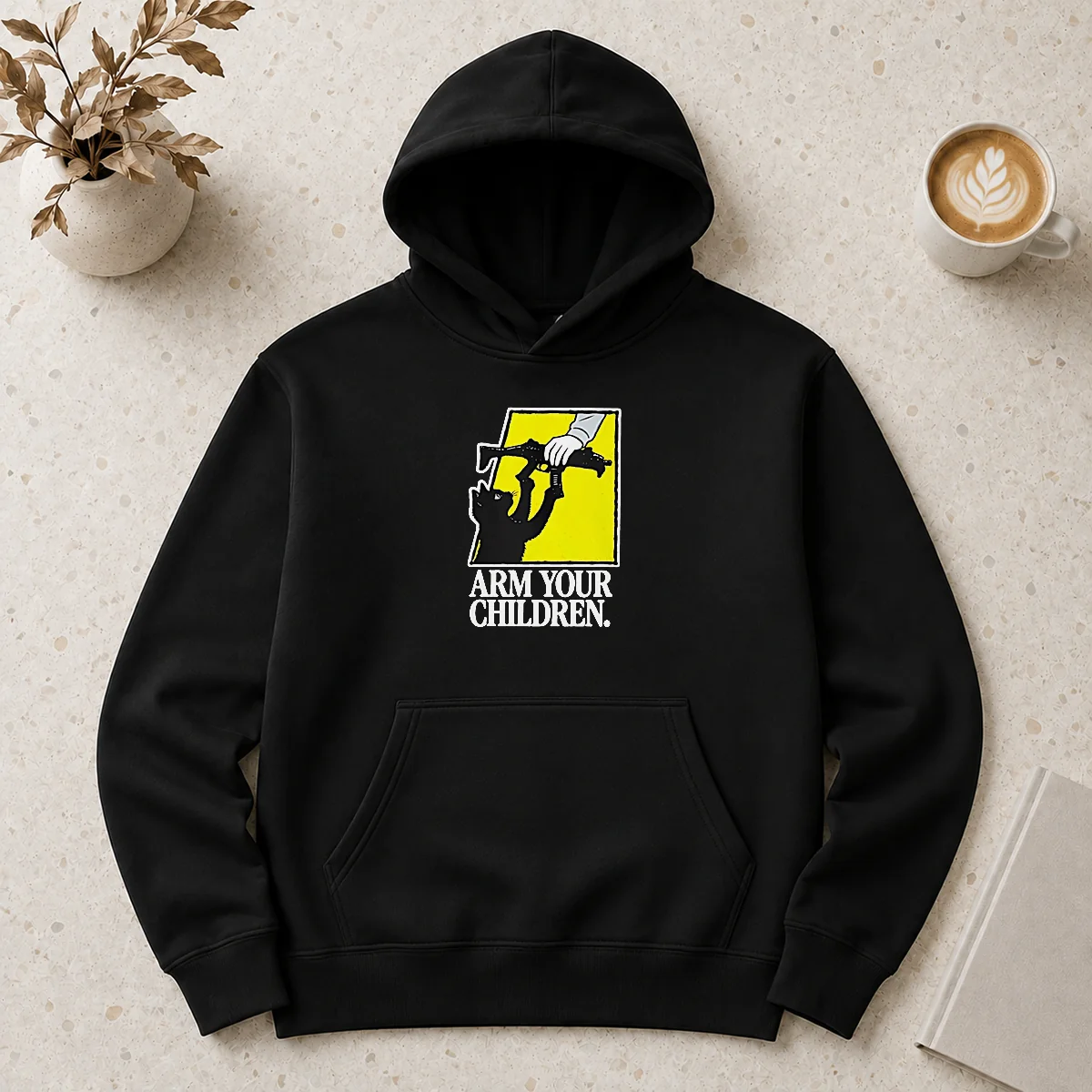 Pretty Black Cat With Gun Satire Arm Your Children Hoodie in black, front view showing graphic print and drawstring hood