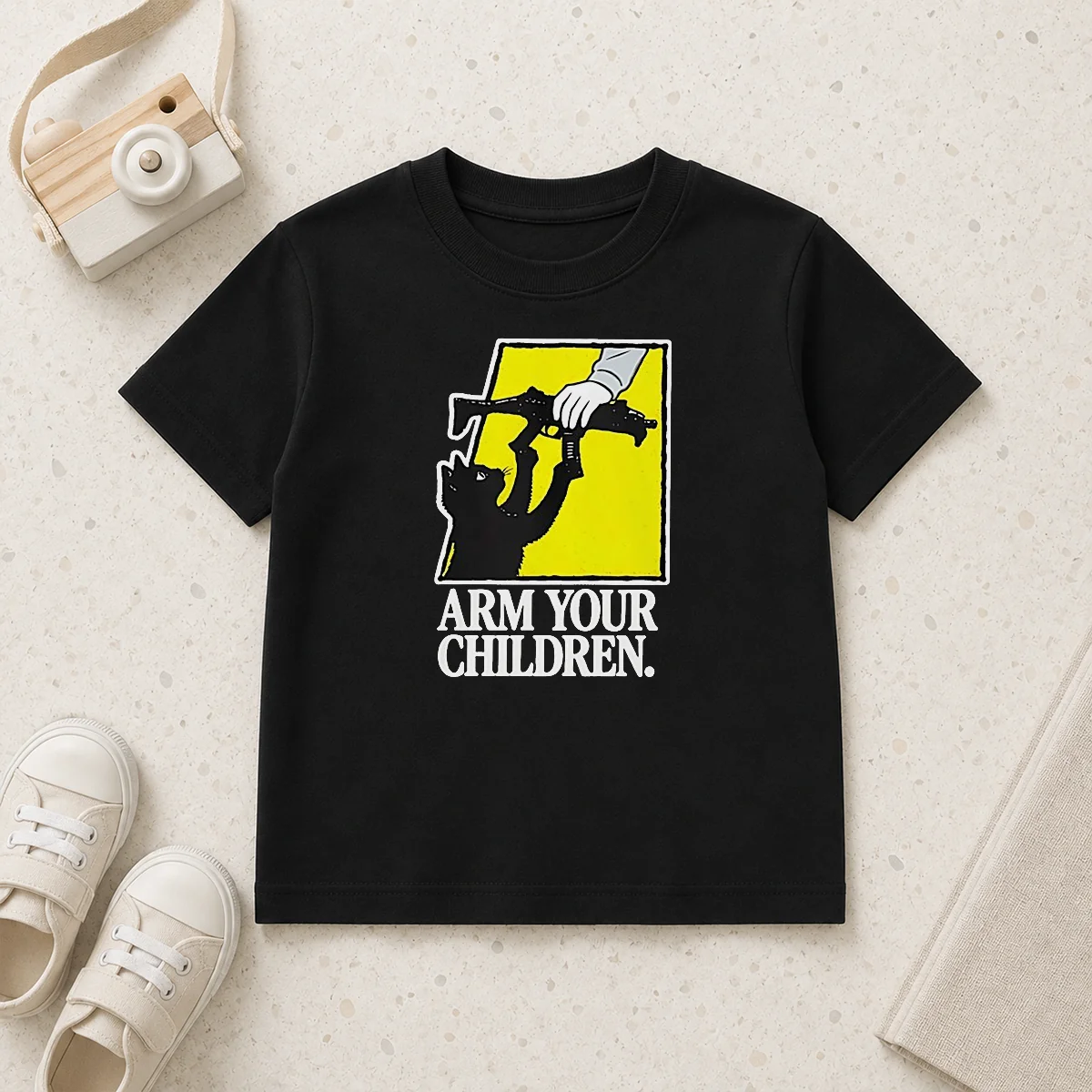 Pretty Black Cat With Gun Satire Arm Your Children Kids T-Shirt