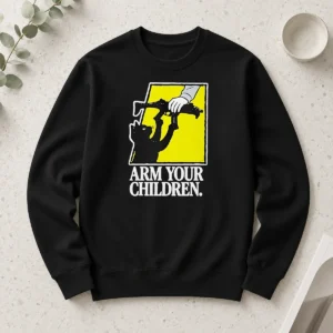 Pretty Black Cat With Gun Satire Arm Your Children long sleeve shirt featuring bold graphic print on black fabric