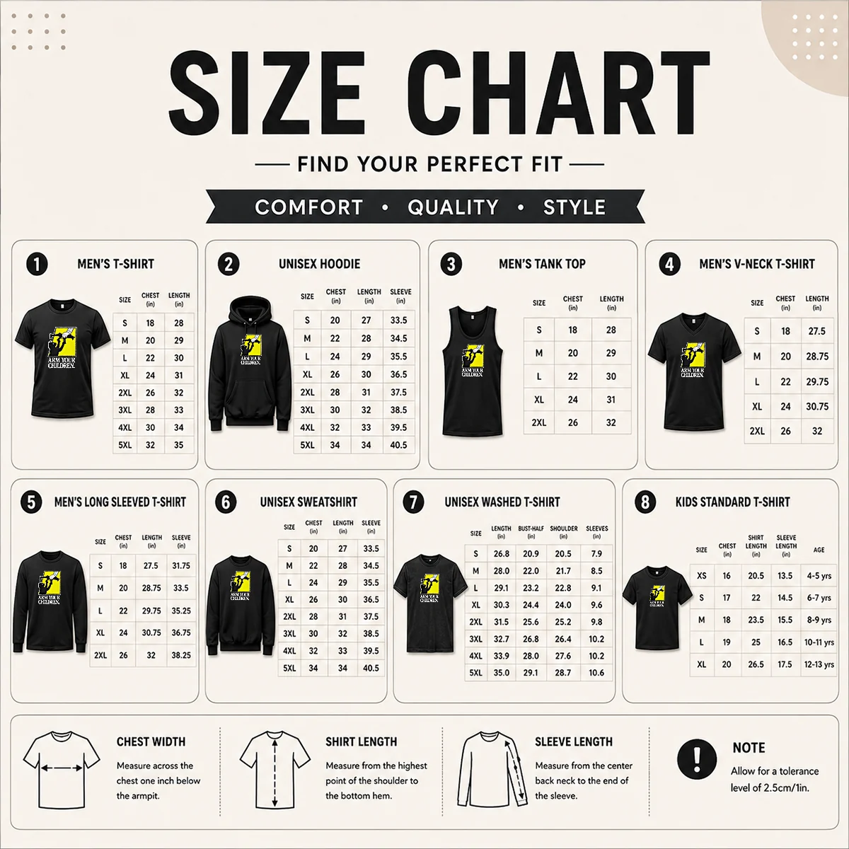 Pretty Black Cat With Gun Satire Arm Your Children Size Chart Size chart for Pretty Black Cat With Gun Satire Arm Your Children with measurements in inches and cm