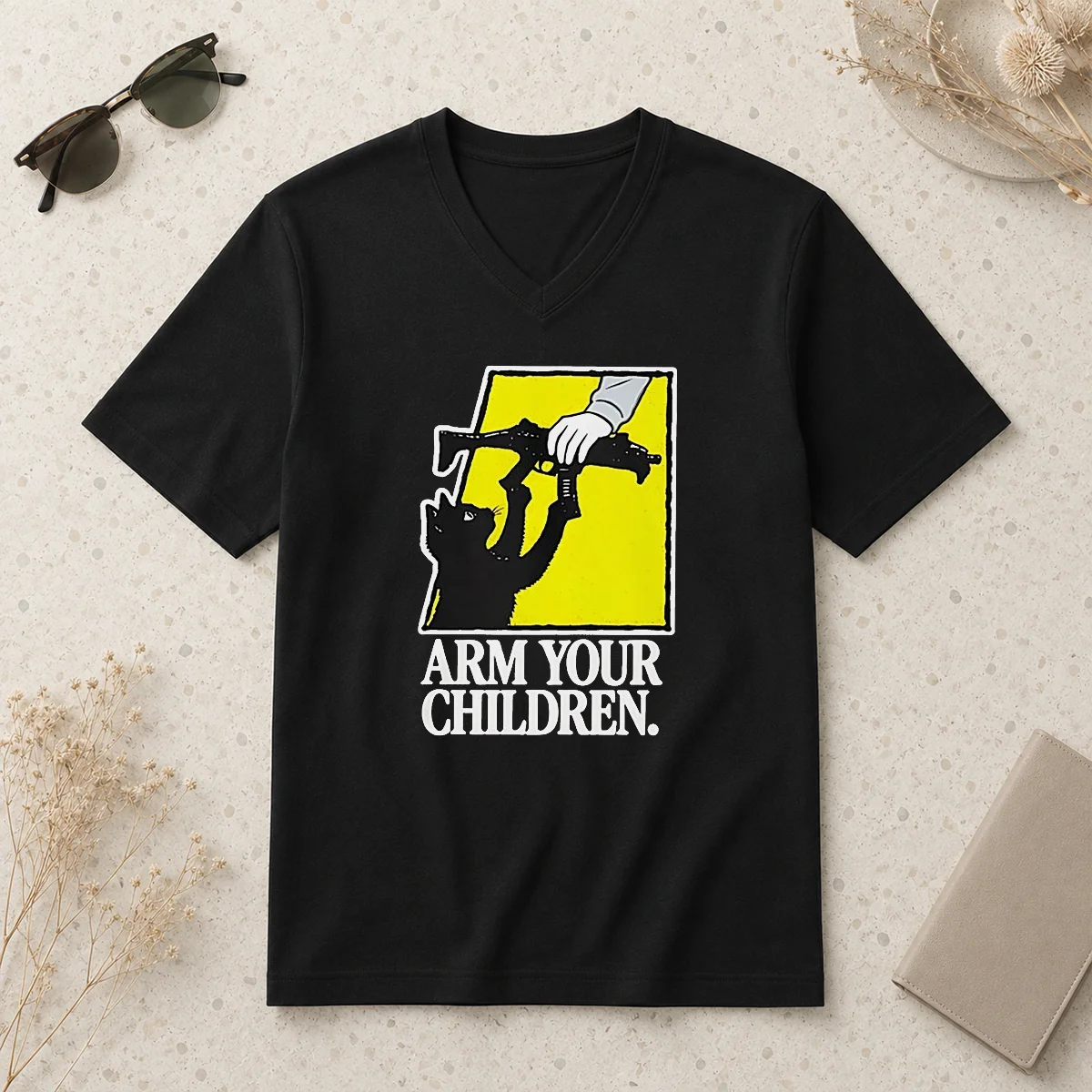 Pretty Black Cat With Gun Satire V-Neck Shirt Pretty Black Cat With Gun Satire V-Neck Shirt