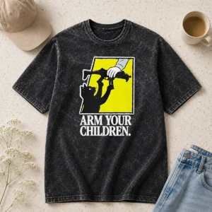 Pretty Black Cat With Gun Satire Arm Your Children Washed T-Shirt