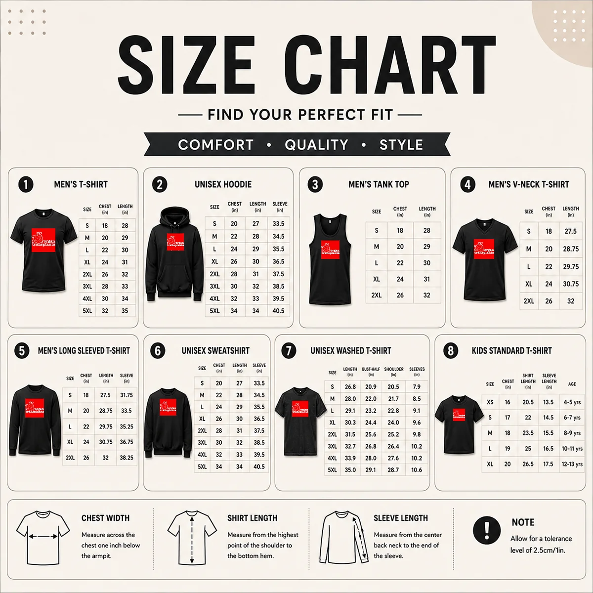 Pretty I Heart Organ Transplants Transplant Awareness Size Chart Size chart for Pretty I Heart Organ Transplants Transplant Awareness with measurements in inches and cm
