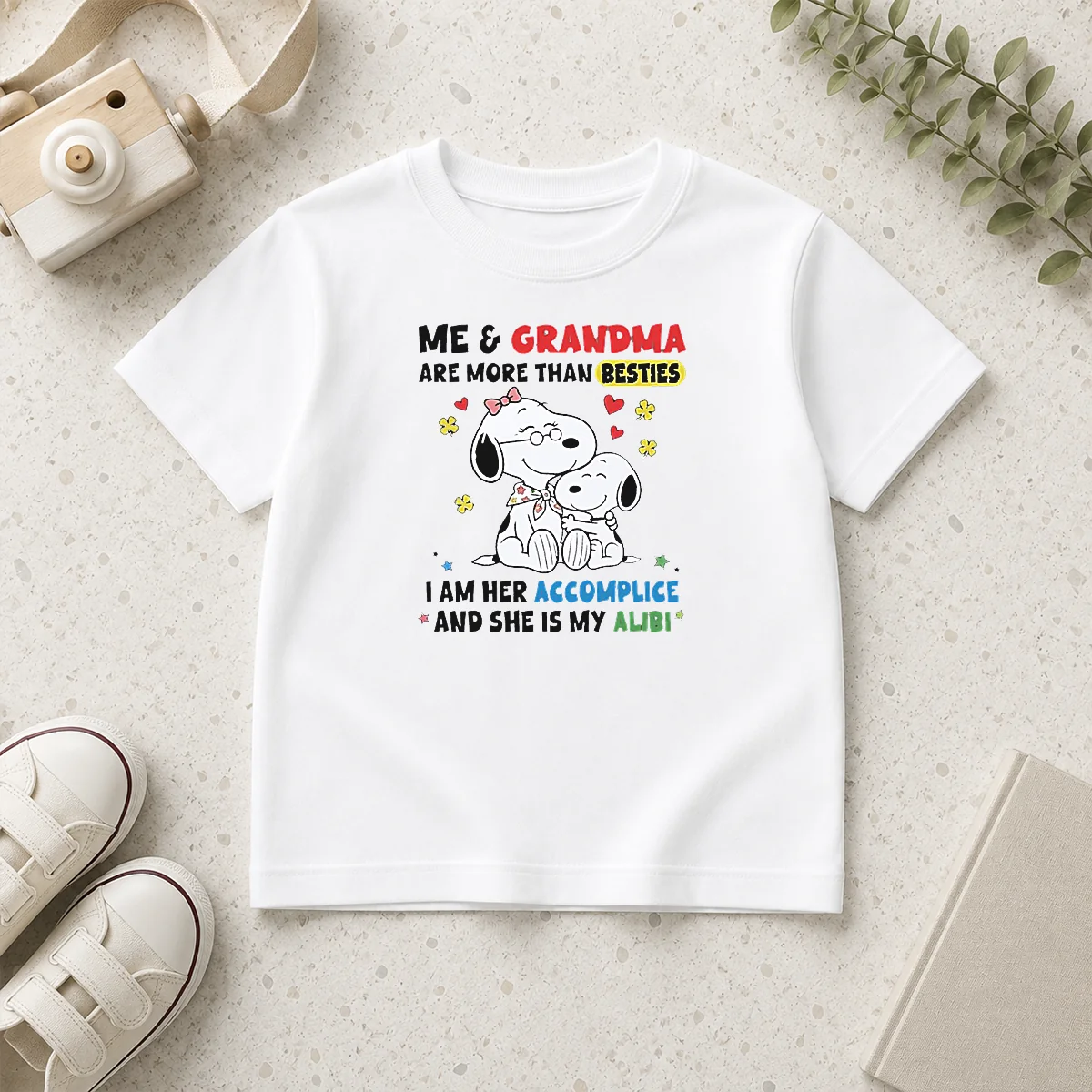 Pretty Snoopy Grandma Me And Are More Than Besties I Am Her Accomplice She Is My Alibi kids t shirt in white, front view