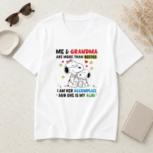 Pretty Snoopy Grandma Me And Are More Than Besties I Am Her Accomplice She Is My Alibi V Neck Shirt in soft fabric with a relaxed fit