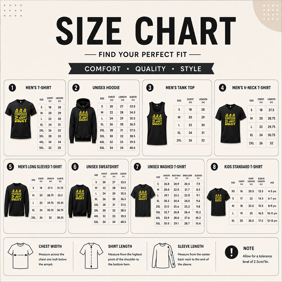 Top Good Everything Is Just Ducky Size Chart Size chart for Top Good Everything Is Just Ducky with measurements in inches and cm