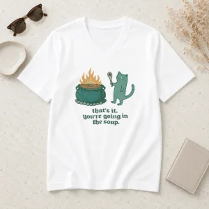 Top Happy Cat Holding Spoon Next To Cauldron You'Re Going In The Soup V-Neck Shirt