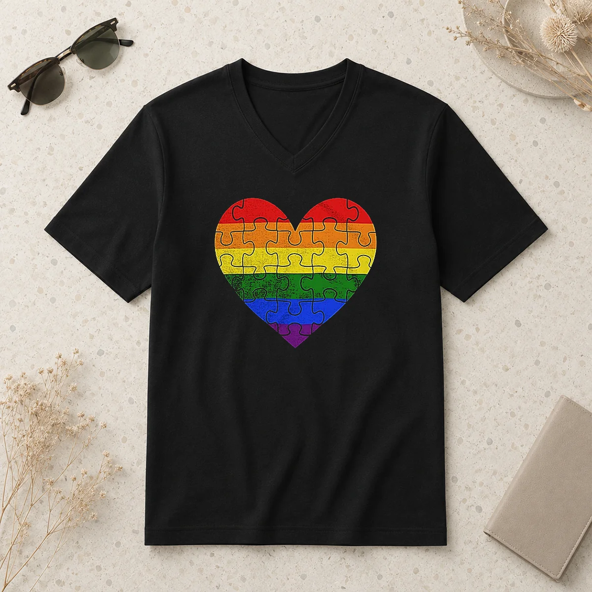 Top Homosexual Love Rainbow Heart Puzzle V-Neck Shirt Top Homosexual Love Rainbow Heart Puzzle V-Neck Shirt