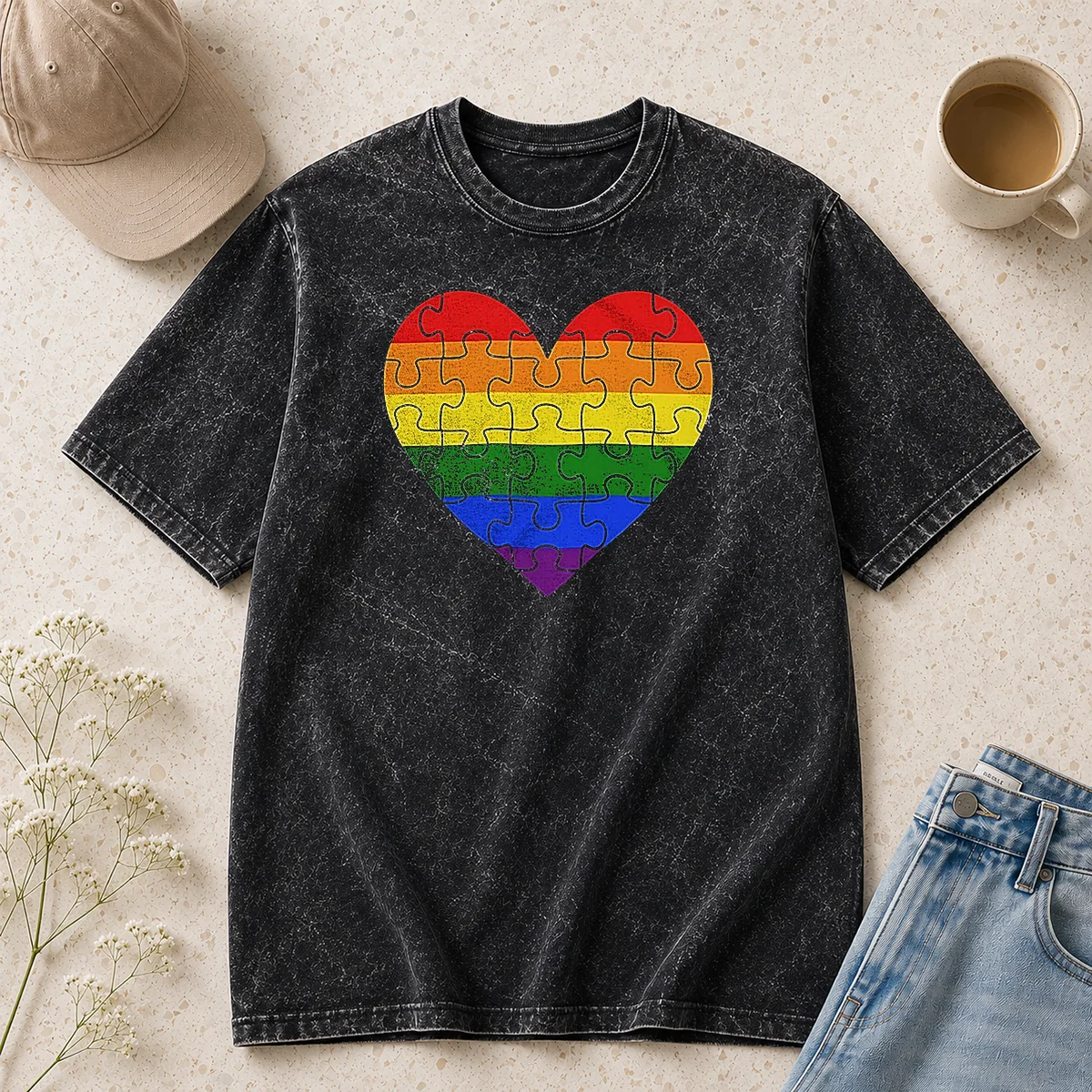 Top Homosexual Love Rainbow Heart Puzzle Washed T-Shirt