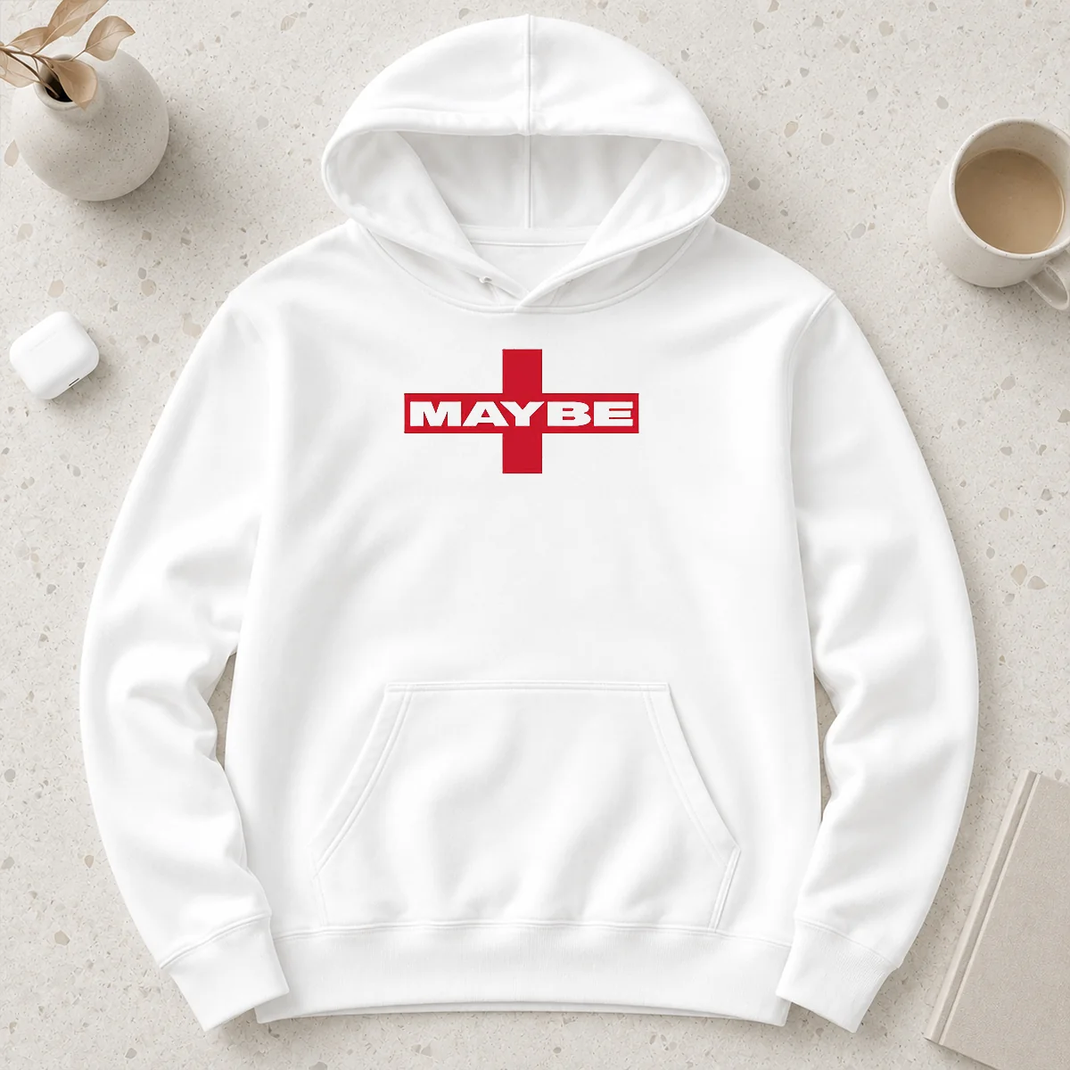 Top Maybe Mib Minimalist Hoodie in charcoal gray with front pocket and drawstring hood
