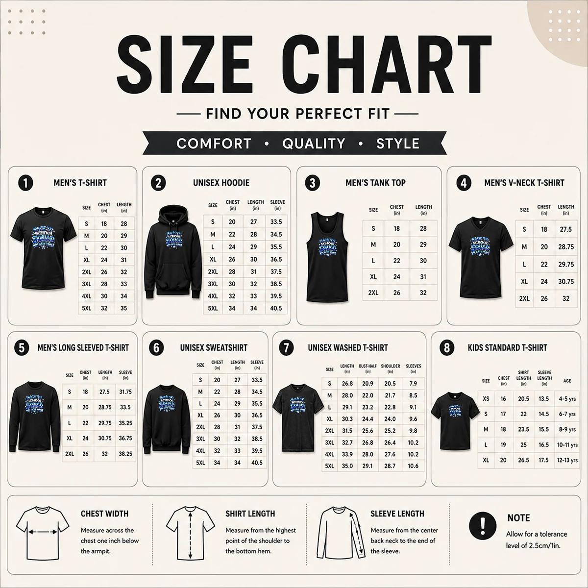 Top Nice Back To School Squad Y2K Chrome Style Size Chart Size chart for Top Nice Back To School Squad Y2K Chrome Style with measurements in inches and cm