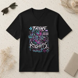 Top Pretty And One More Thing Trans Right LGBTQ V Neck Shirt in blue with bold text design