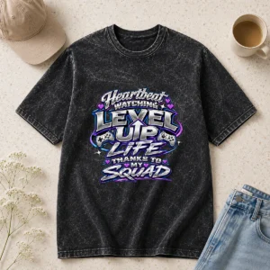 Y2K Chrome Heartbeat Level Up Life Squad Washed T-Shirt