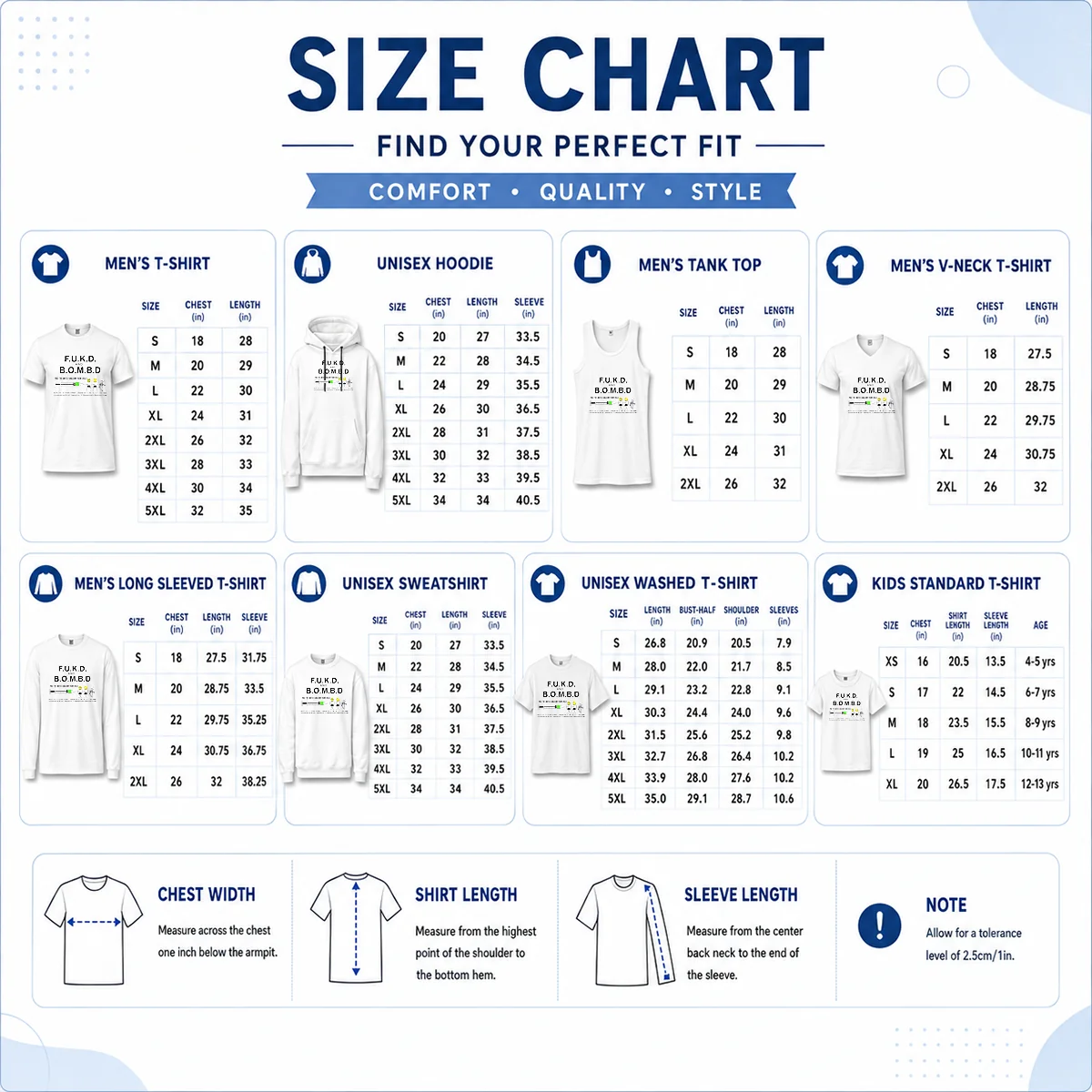 Funny Awesome FUKD And BOMBD Free The United Kingdom From Drugs Size Chart Size chart for Funny Awesome FUKD And BOMBD Free The United Kingdom From Drugs with measurements in inches and cm to help choose the right fit