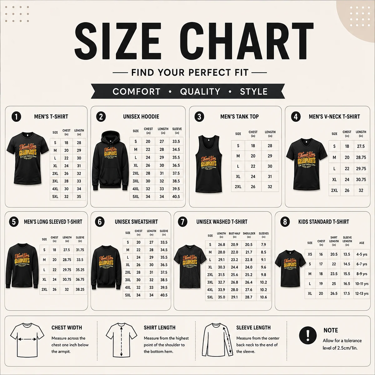 Good Awesome Grandparents Day Thank You Heartfelt Vector Size Chart Size chart for Good Awesome Grandparents Day Thank You Heartfelt Vector with measurements in inches and cm to help choose the right fit