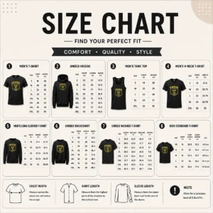 Size chart for Good Hot Chernobyl Safety Team 1986 Front And Back Printed Geek with measurements in inches and cm to help choose the right fit