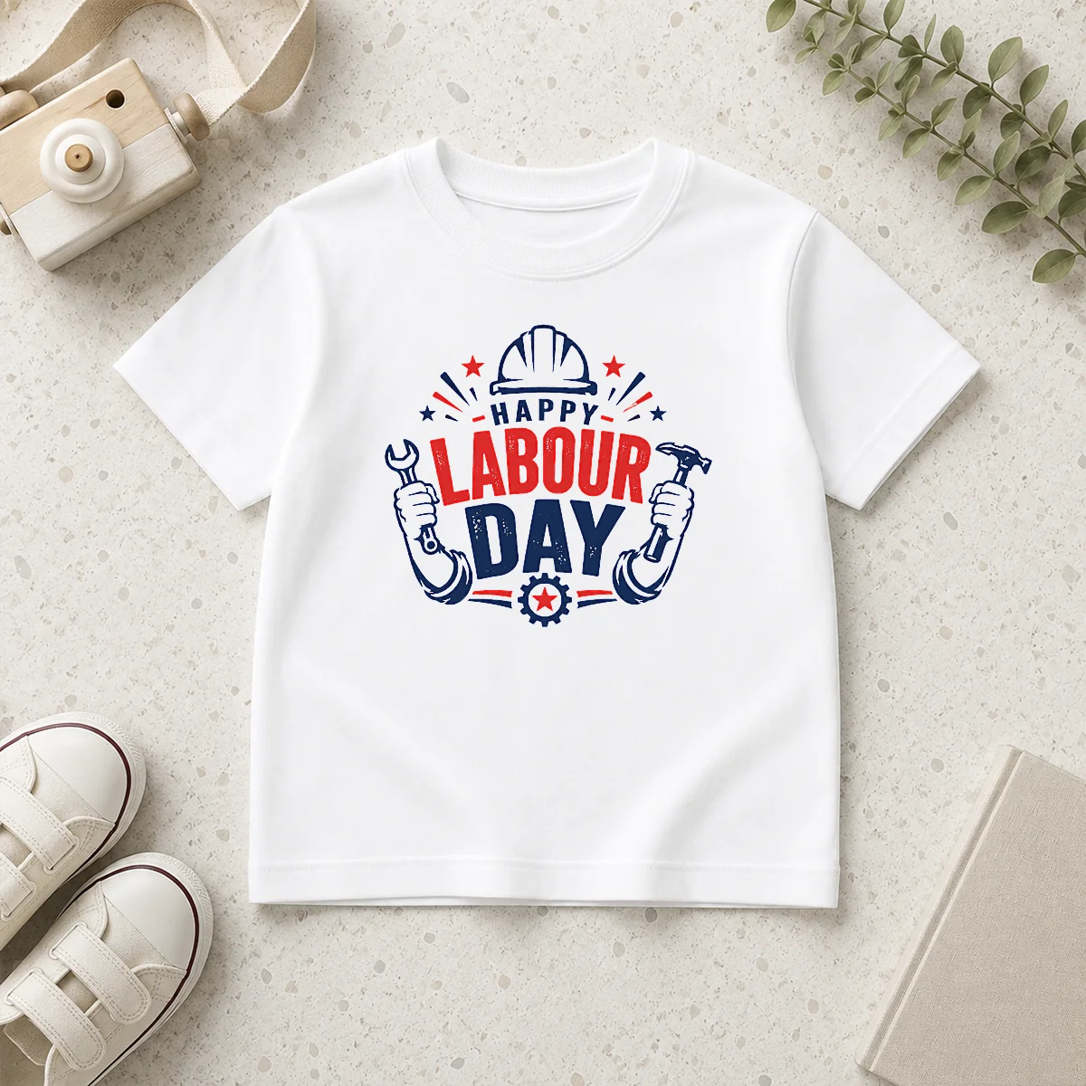 Happy Good Happy Labour Day Wrench Hammer Hard Hat Stars Kids T-Shirt