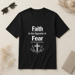 Happy Top Faith Is The Opposite Of Fear Now Read That Backwards V-Neck Shirt